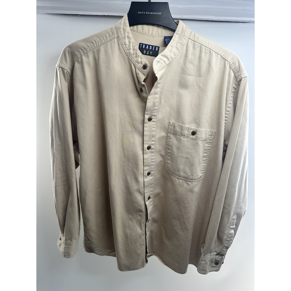 Vintage Trader Bay Men's Beige Cotton‎ Band Collar Shirt -long Sleeve ,casual